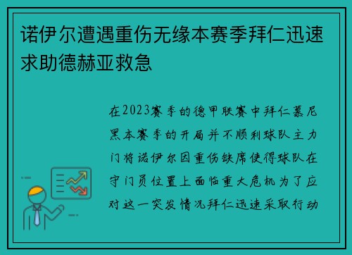 诺伊尔遭遇重伤无缘本赛季拜仁迅速求助德赫亚救急
